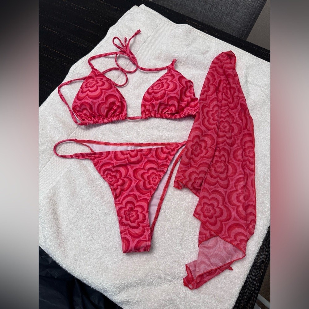 Pink Floral Print String Bikini Set with Sheer Sarong: 2 sizes: L or XL
